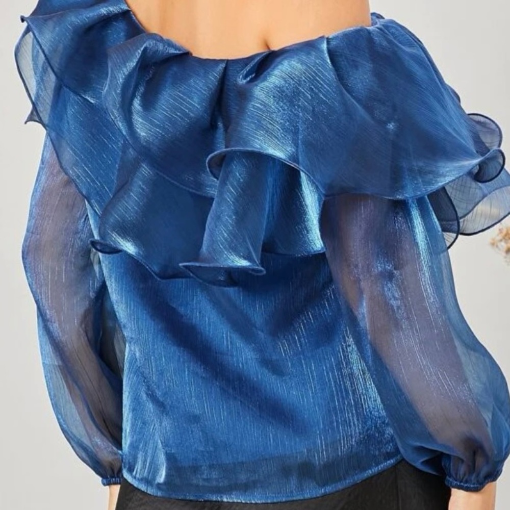 Asymmetrical neck layered ruffle trim organza top